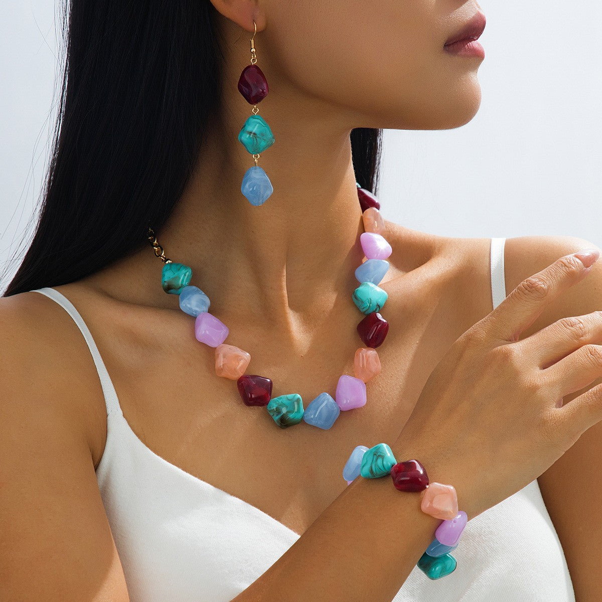 Boho Chunky Resin Bead Necklace, Bracelet & Earring Set