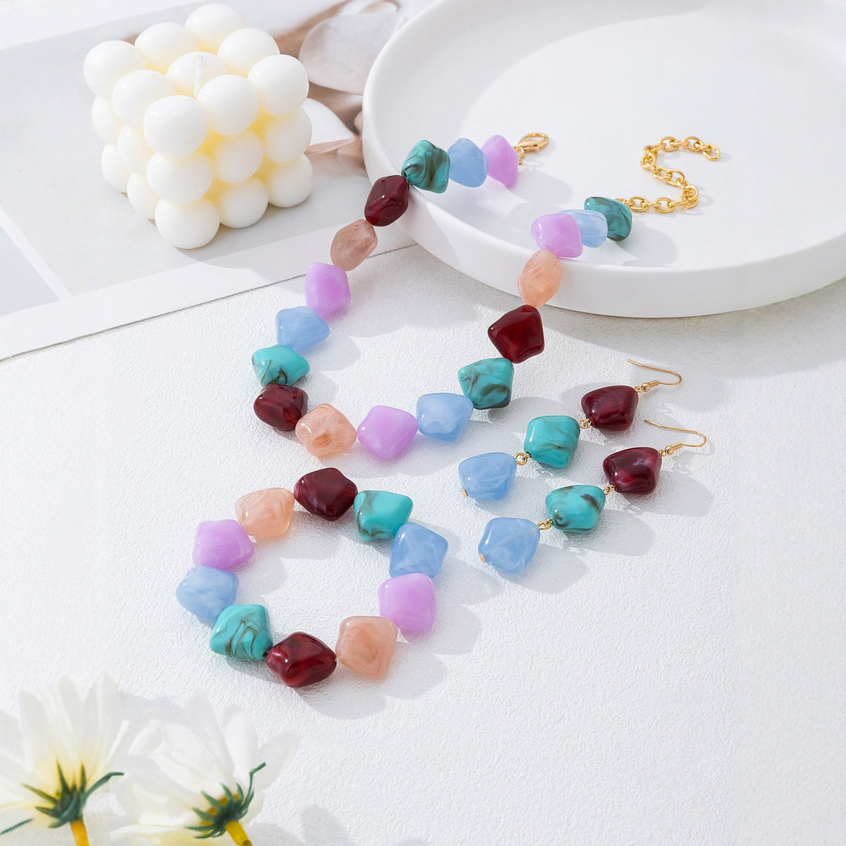 Boho Chunky Resin Bead Necklace, Bracelet & Earring Set