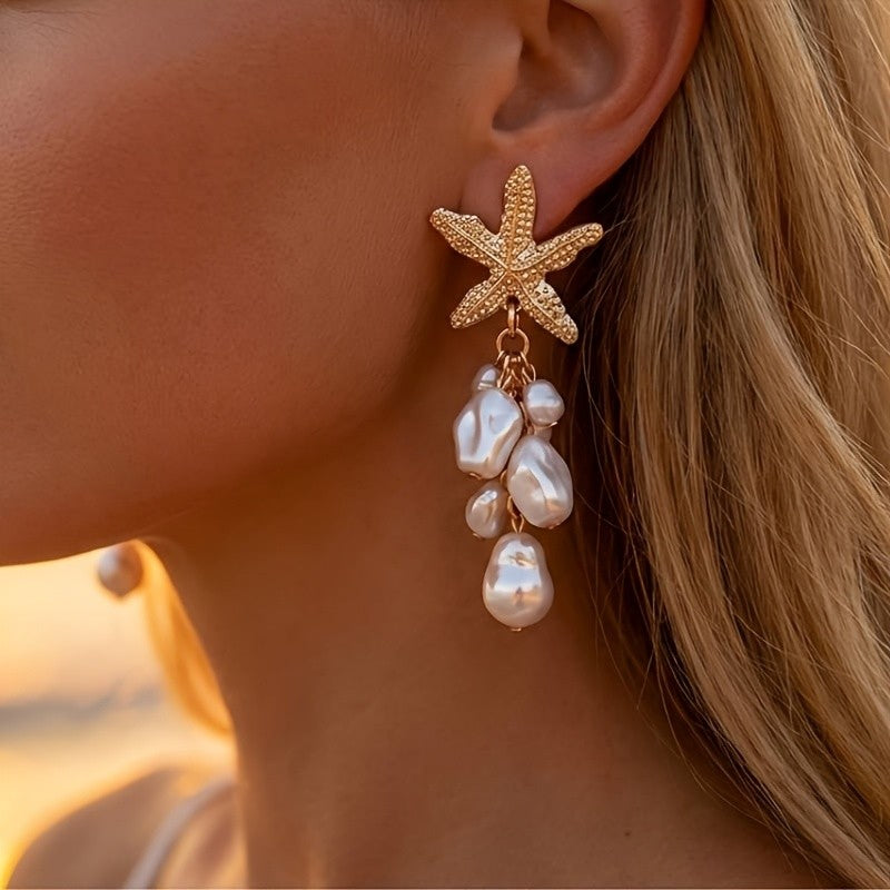 Boho Textured Starfish Faux Pearl Earrings