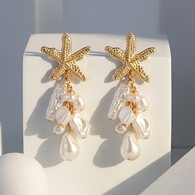 Boho Textured Starfish Faux Pearl Earrings