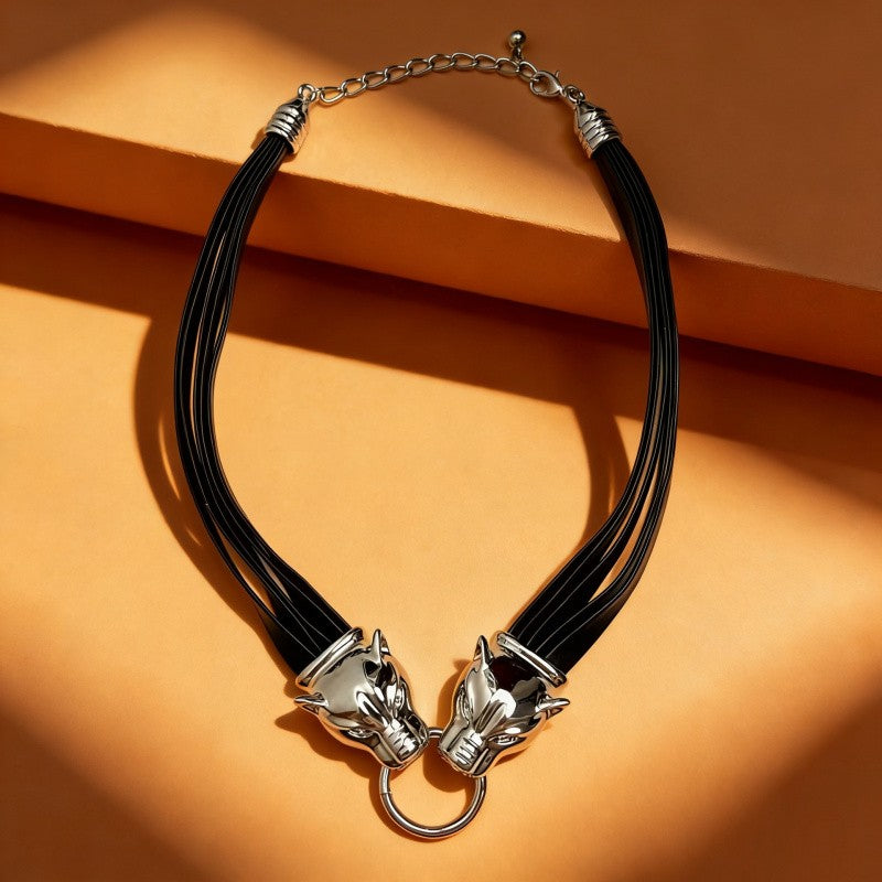 Classy Dual Wolf Head Choker Necklace