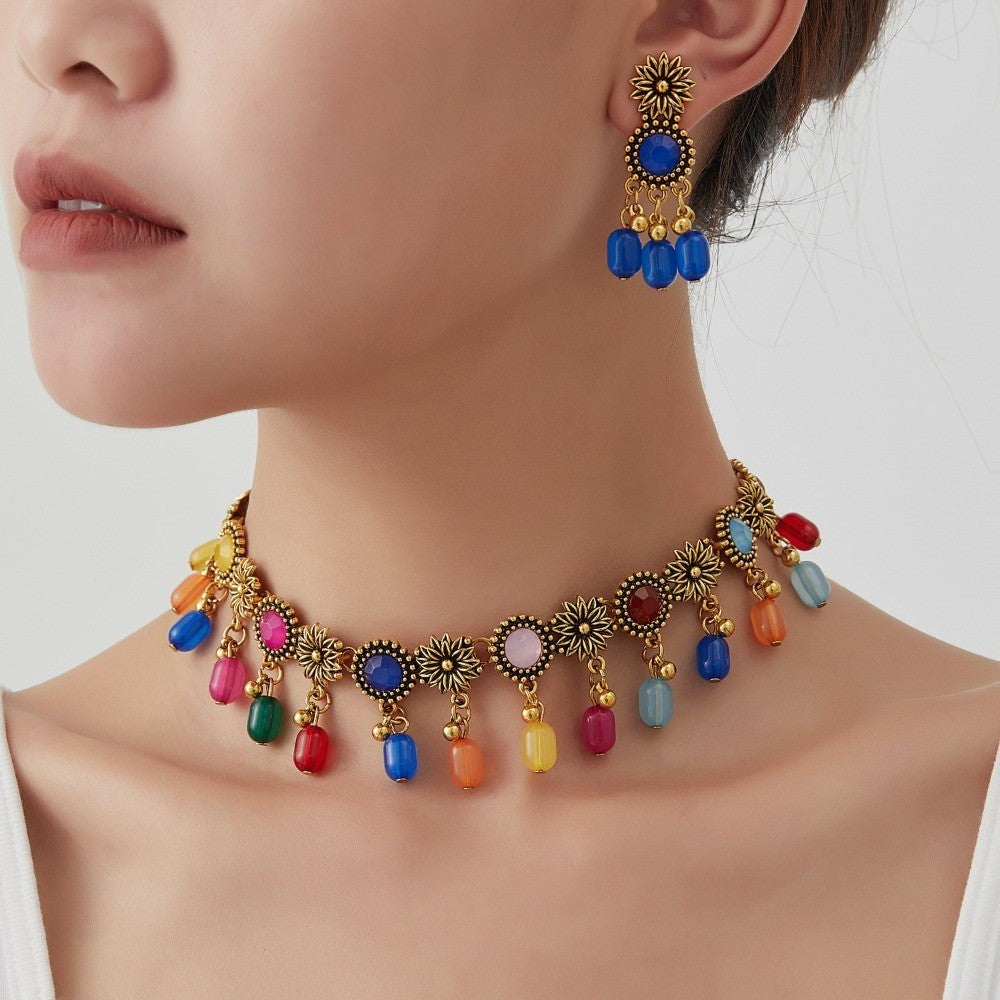 Boho Multicolor Floral Choker Necklace & Earring Set