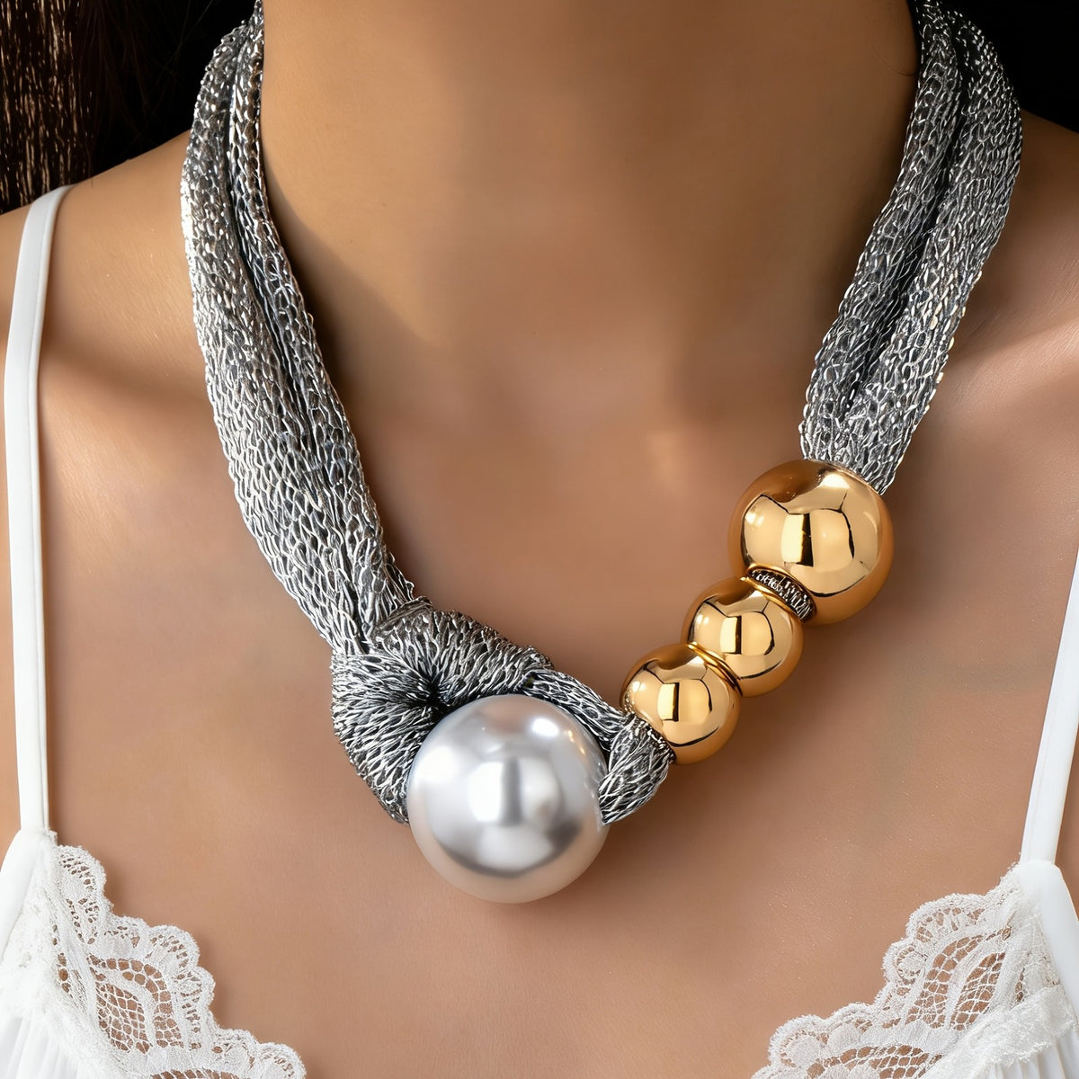 Elegant Mesh Pearl Bib Necklace