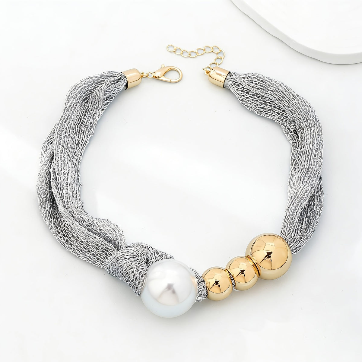Elegant Mesh Pearl Bib Necklace