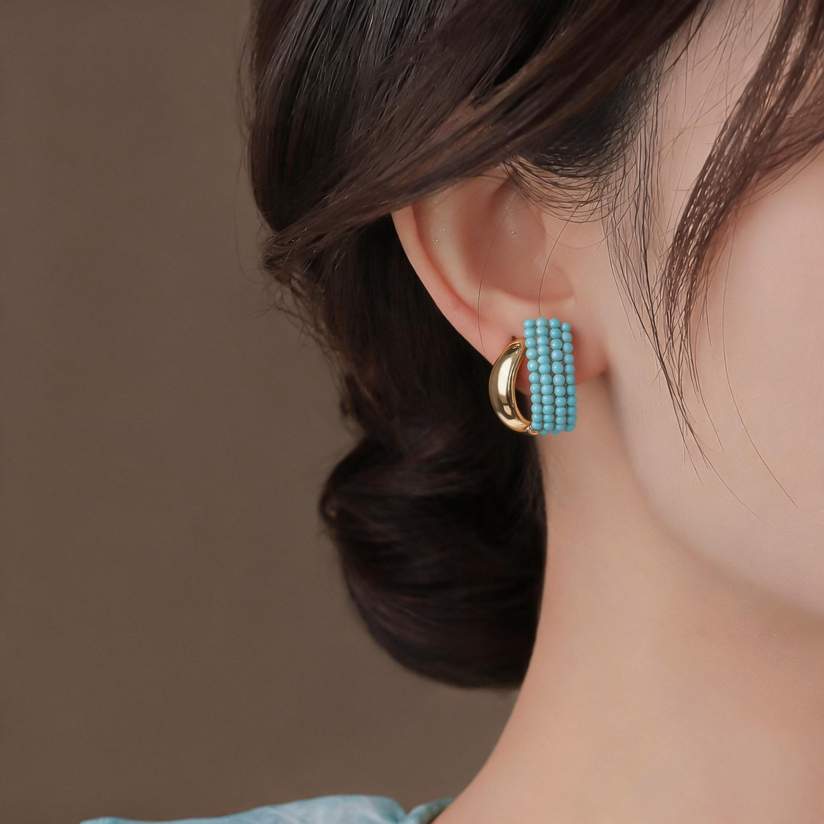 Classy Turquoise Bead C-Hoop Earrings