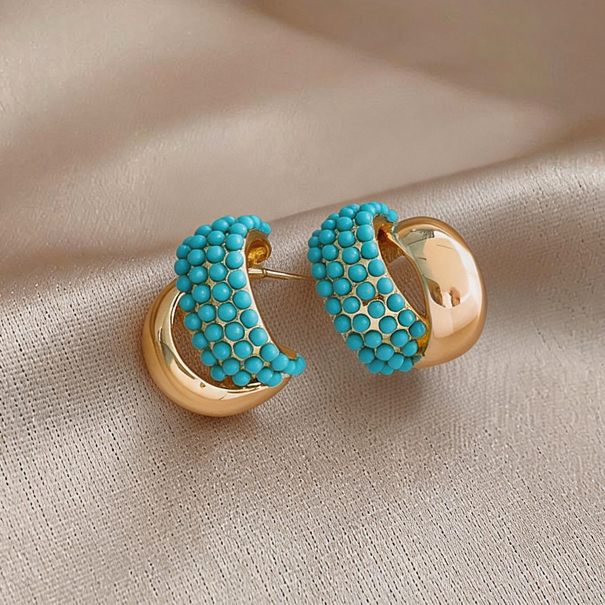 Classy Turquoise Bead C-Hoop Earrings