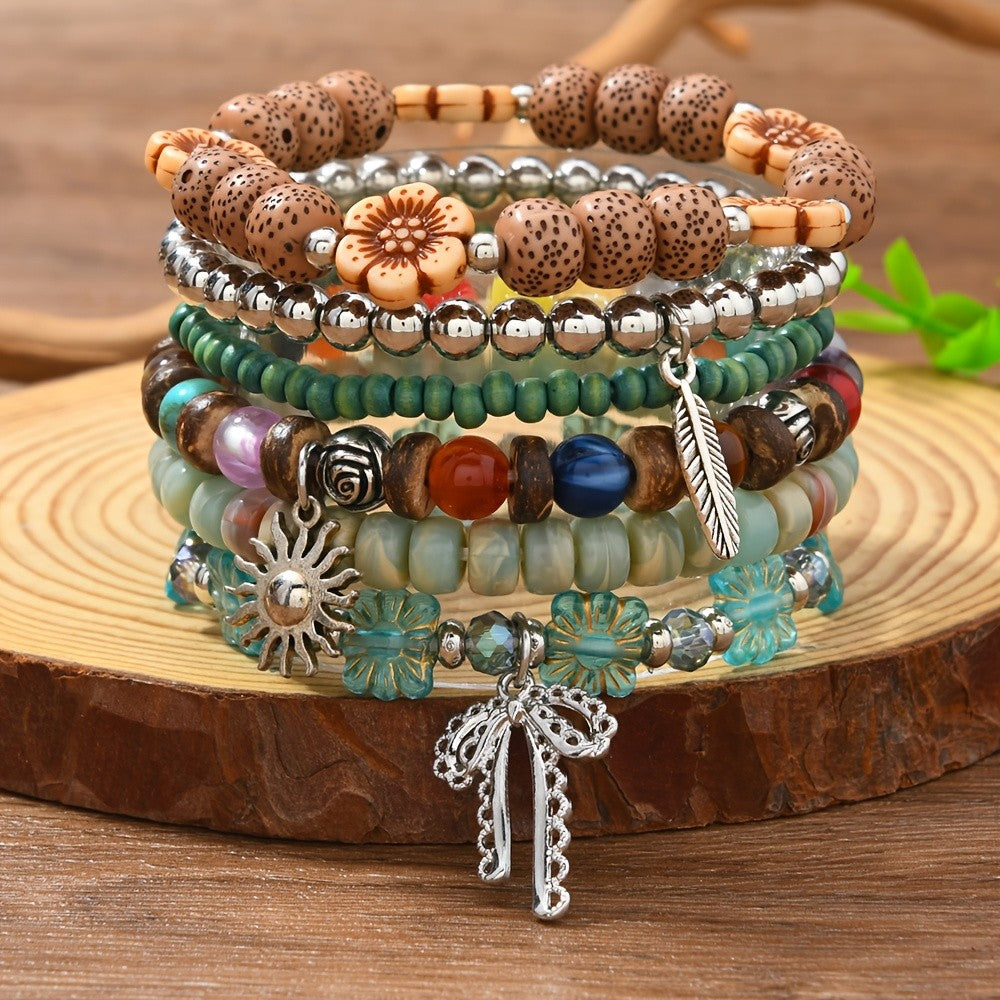 6pc Boho Beaded Stacked Bracelet Set