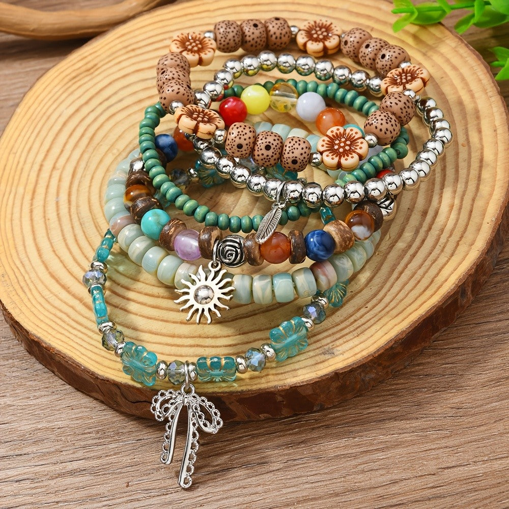 6pc Boho Beaded Stacked Bracelet Set