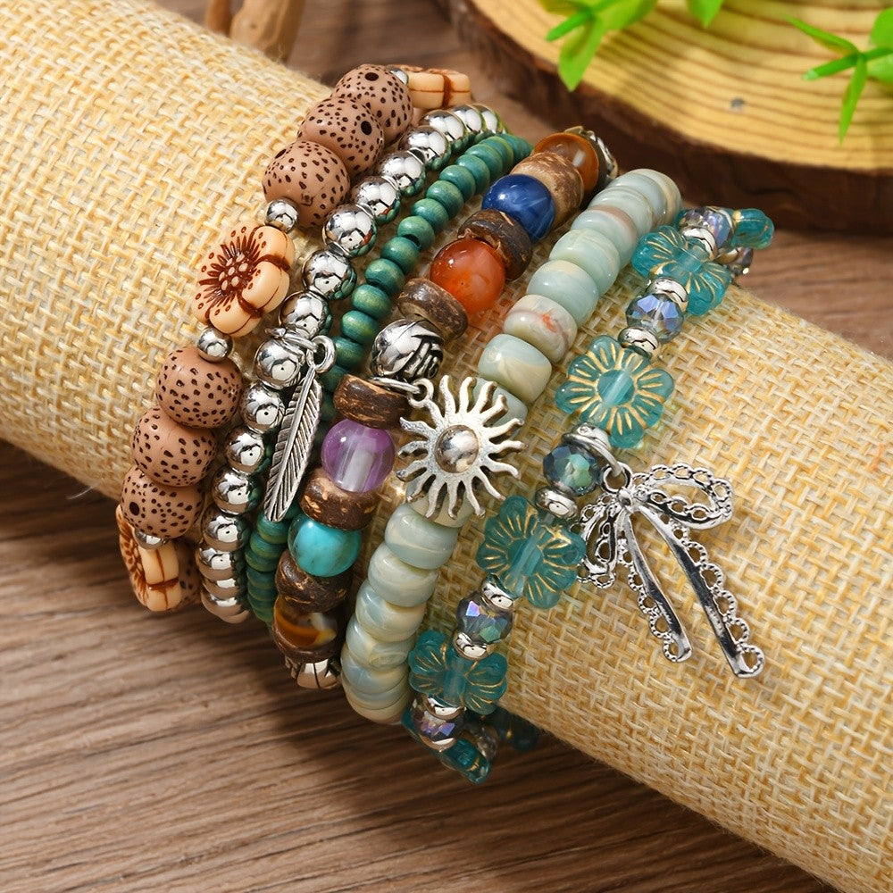 6pc Boho Beaded Stacked Bracelet Set