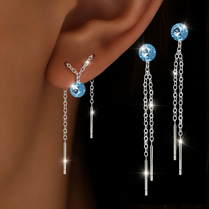 Elegant Blue Zircon Tassel Earrings