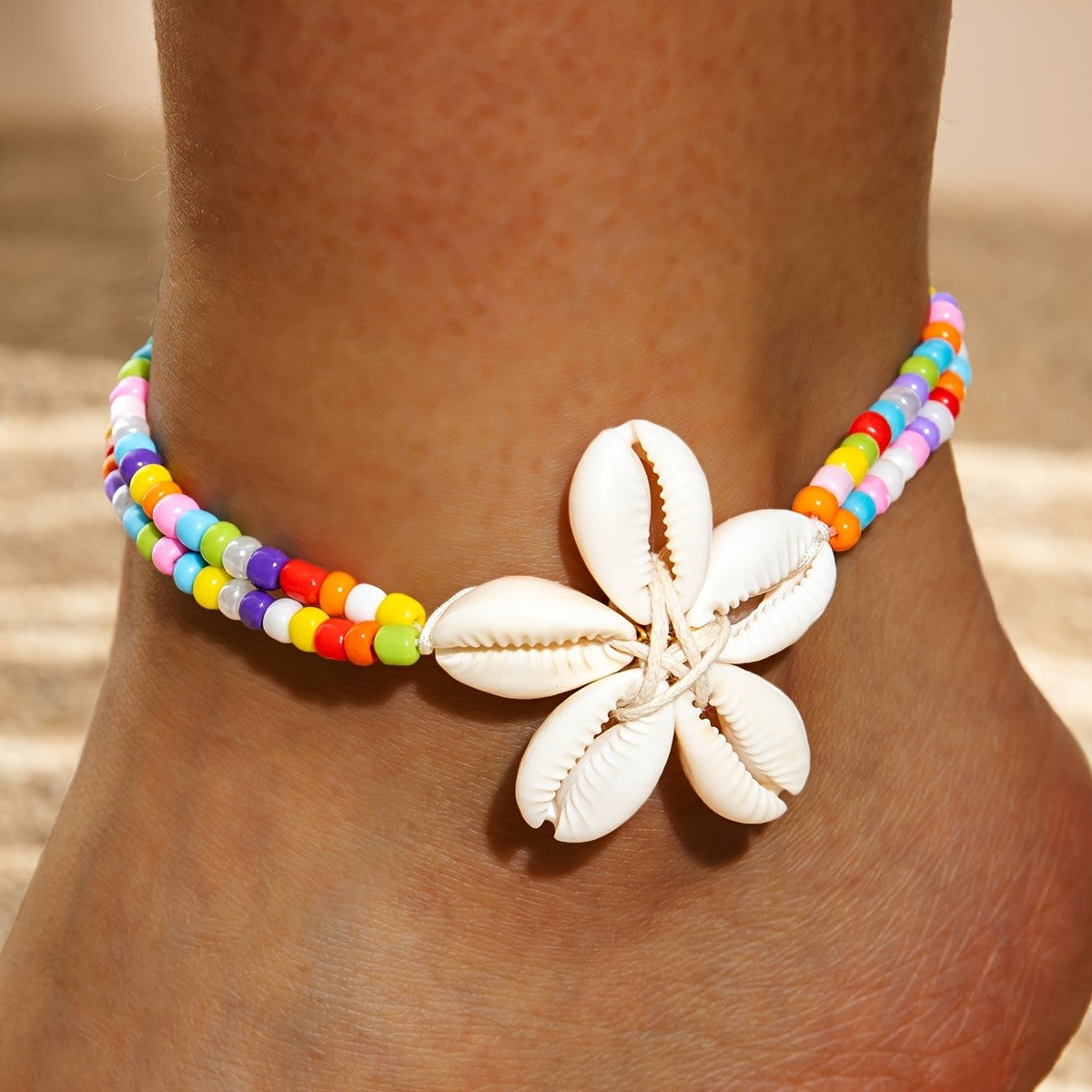 Boho Colorful Beaded Shell Flower Anklet