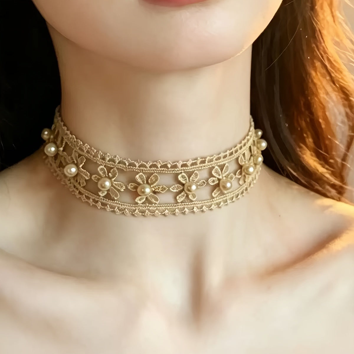 Dainty Floral Pearl Lace Choker Necklace