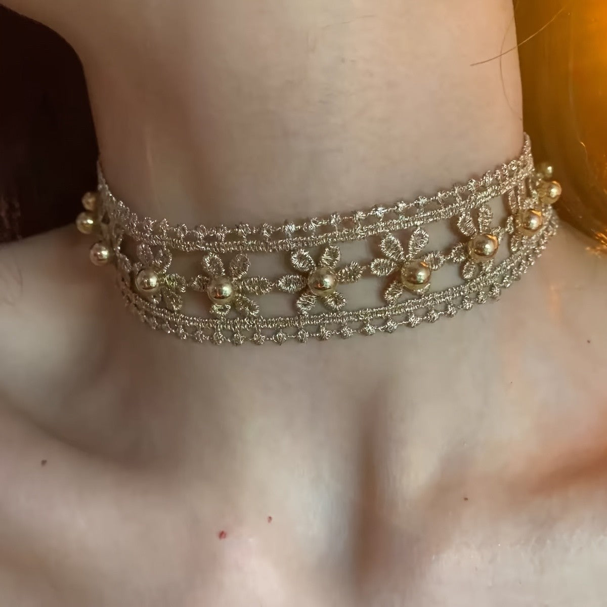Dainty Floral Pearl Lace Choker Necklace