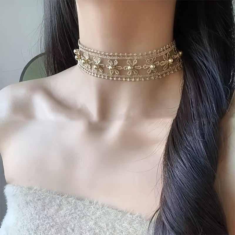 Dainty Floral Pearl Lace Choker Necklace