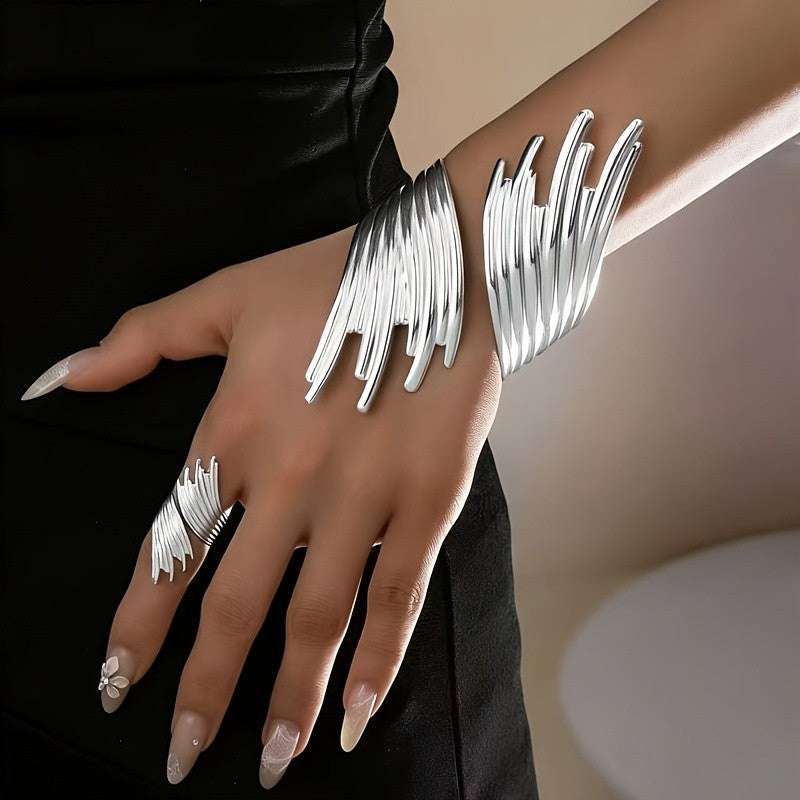 Elegant Geometric Cuff Bracelet Ring Set