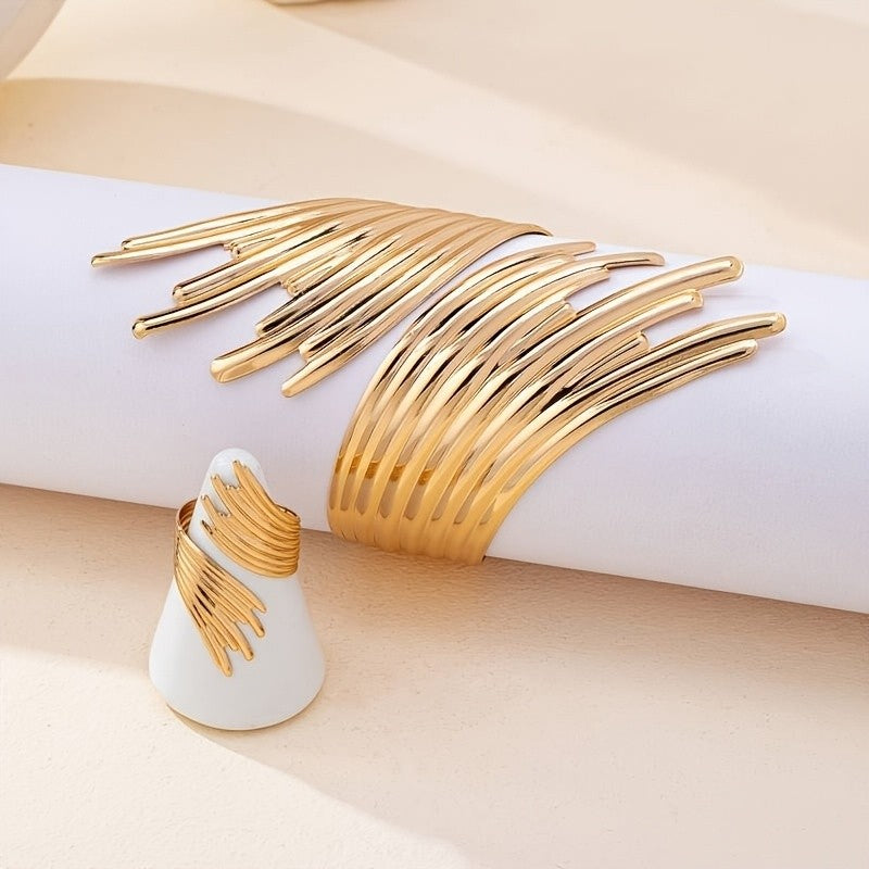 Elegant Geometric Cuff Bracelet Ring Set
