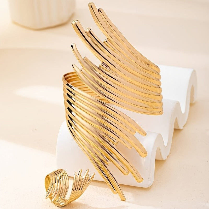 Elegant Geometric Cuff Bracelet Ring Set