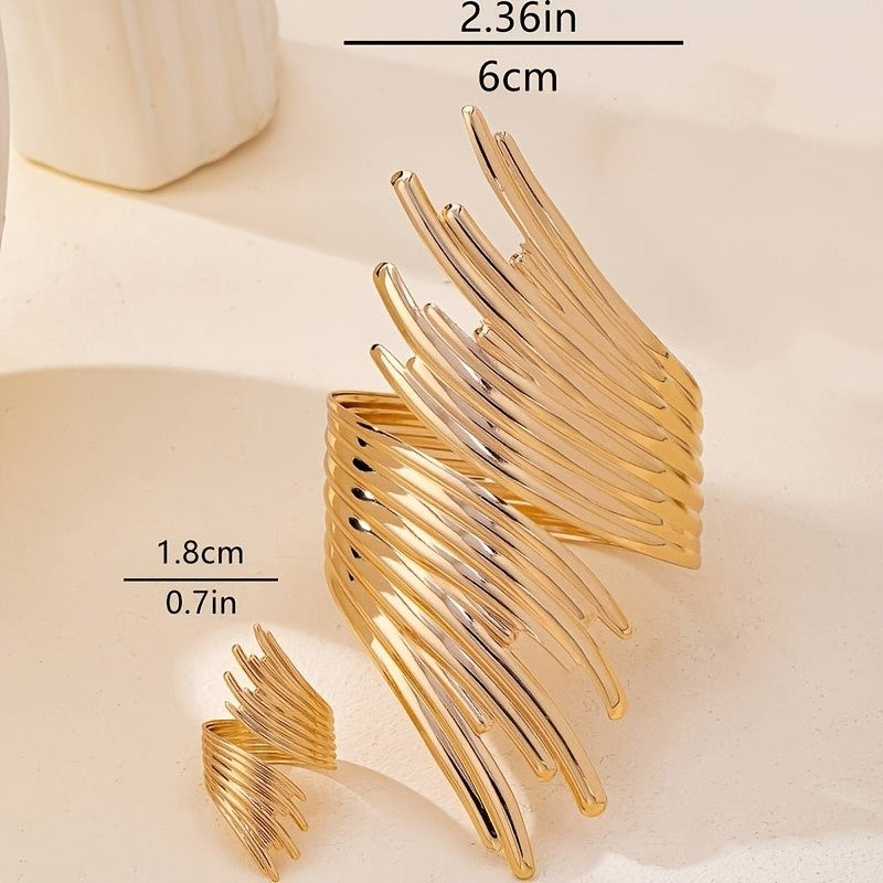 Elegant Geometric Cuff Bracelet Ring Set