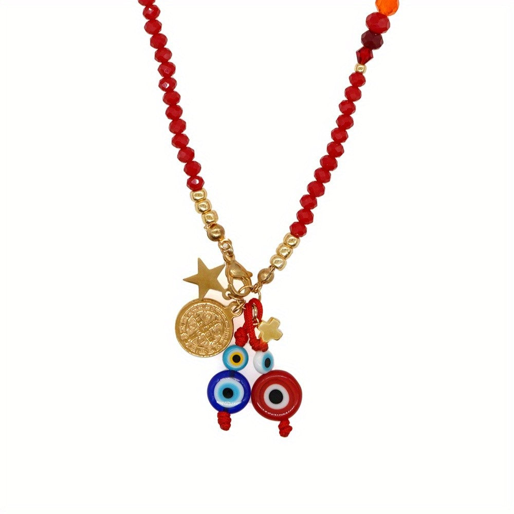 Boho Rainbow Bead Evil Eye Necklace