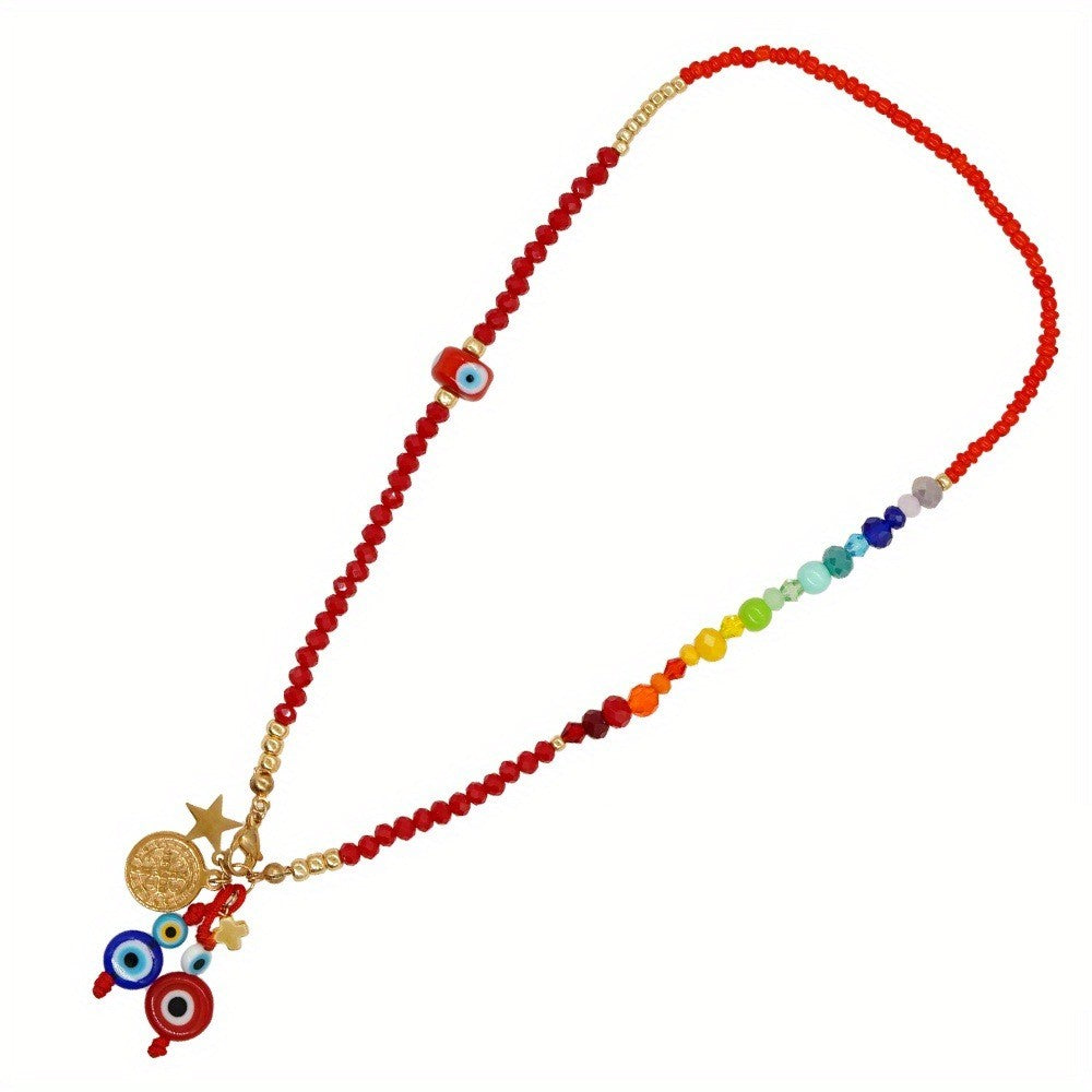 Boho Rainbow Bead Evil Eye Necklace