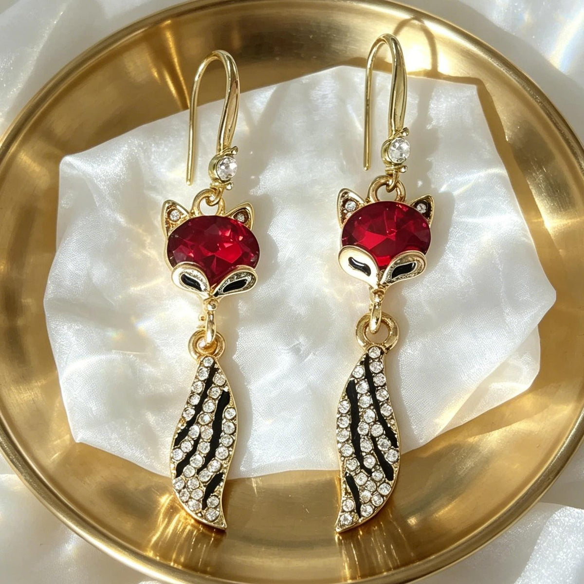 Cute Ruby Red Fox Dangle Earrings