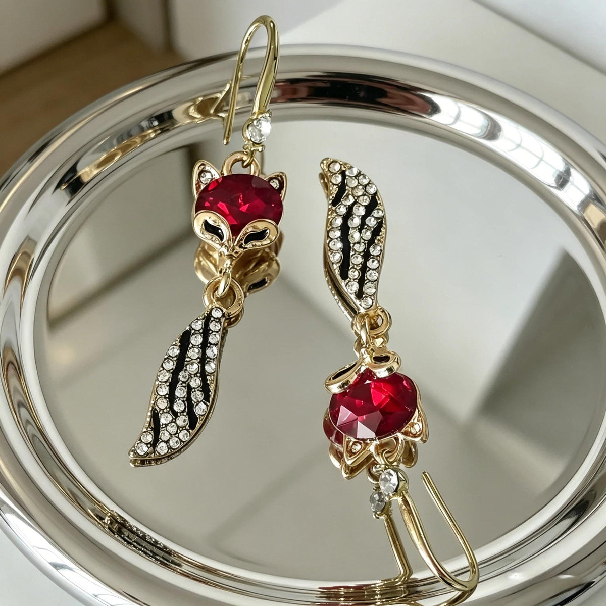 Cute Ruby Red Fox Dangle Earrings