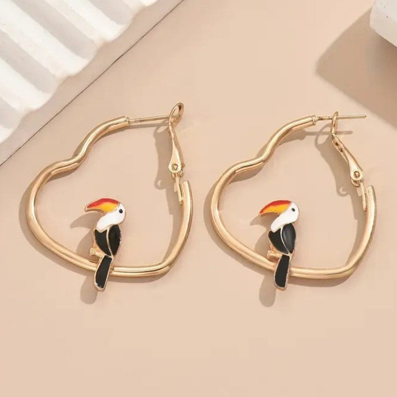 Vintage Toucan Heart Hoop Earrings