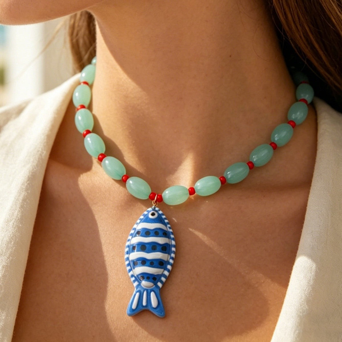 Boho Striped Fish Beaded Necklace