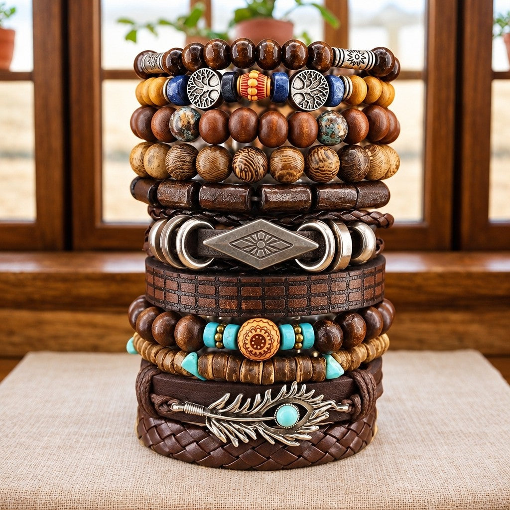 11pc Vintage Boho Feather & Tree of Life Bracelet Set