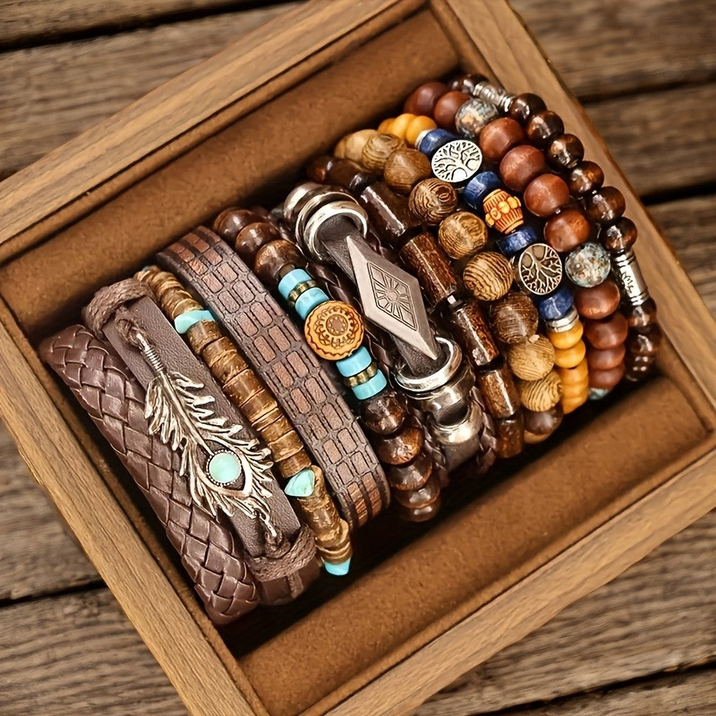 11pc Vintage Boho Feather & Tree of Life Bracelet Set