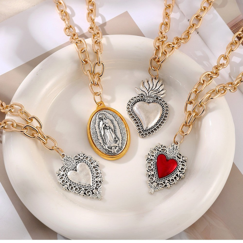 Vintage Sacred Heart & Medal Layered Necklace