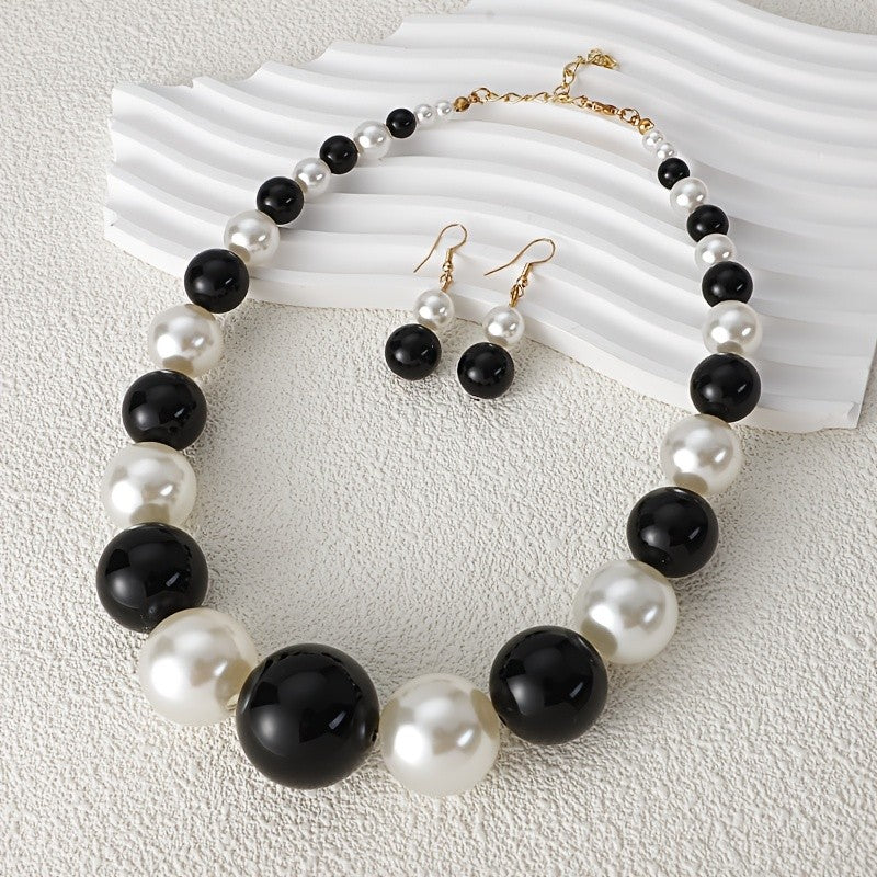 Boho Black & White Bead Necklace & Earring Set