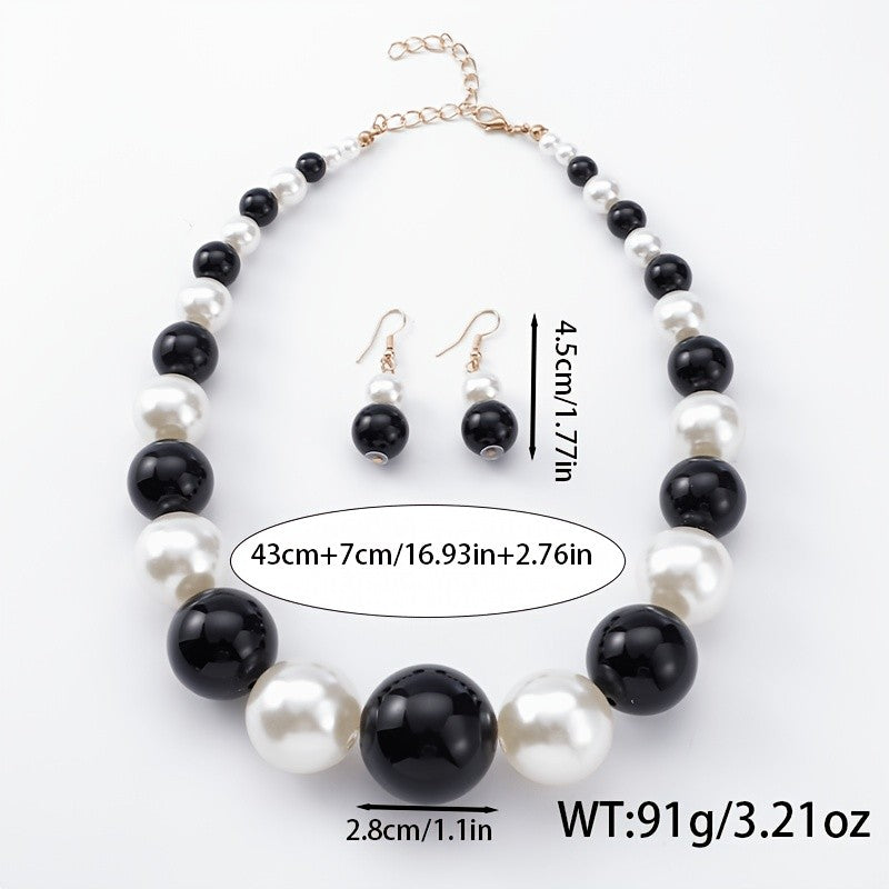 Boho Black & White Bead Necklace & Earring Set