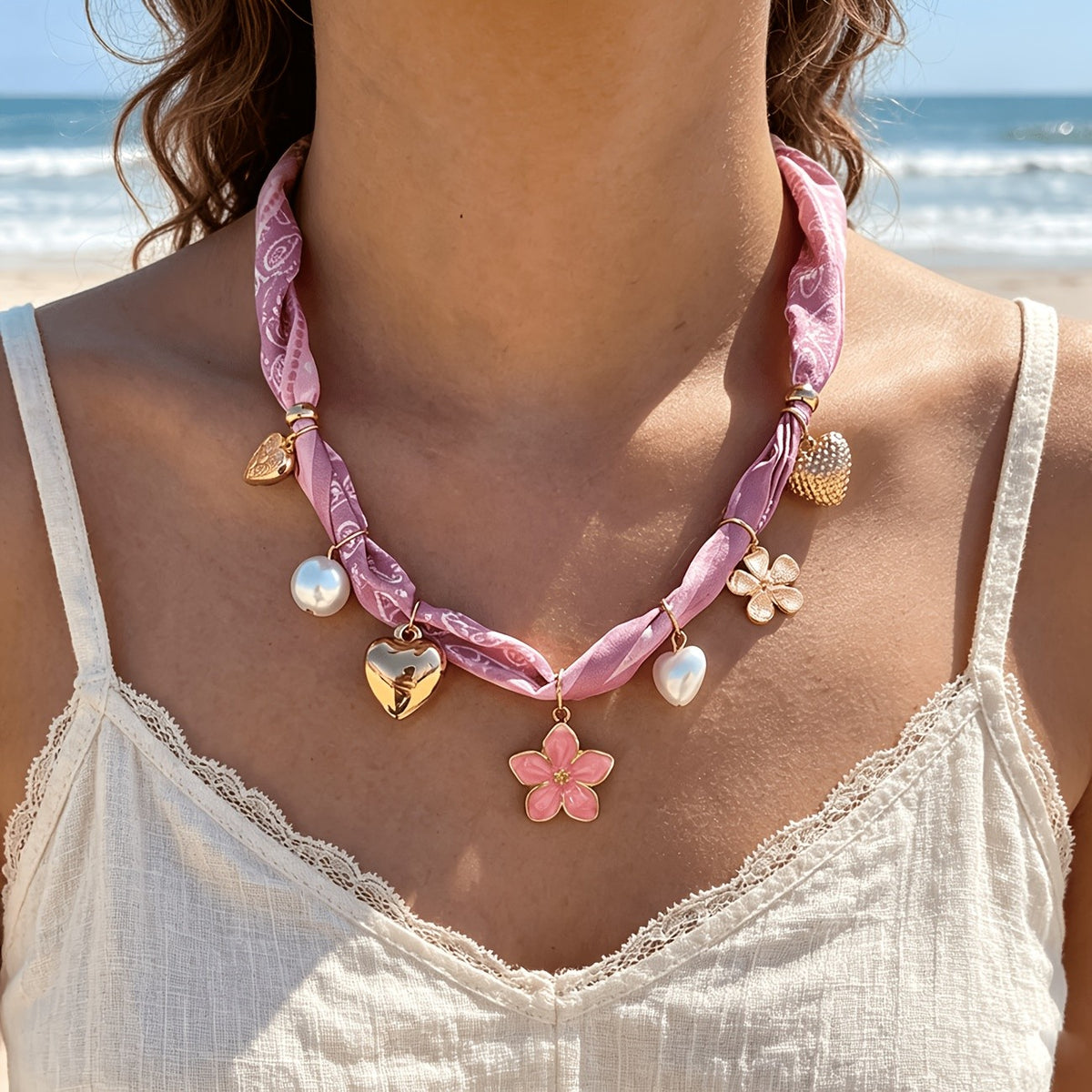 Boho Pink Floral Scarf Charm Necklace