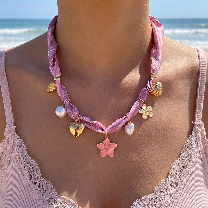 Boho Pink Floral Scarf Charm Necklace