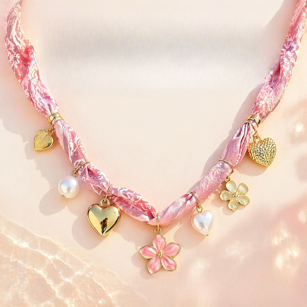 Boho Pink Floral Scarf Charm Necklace