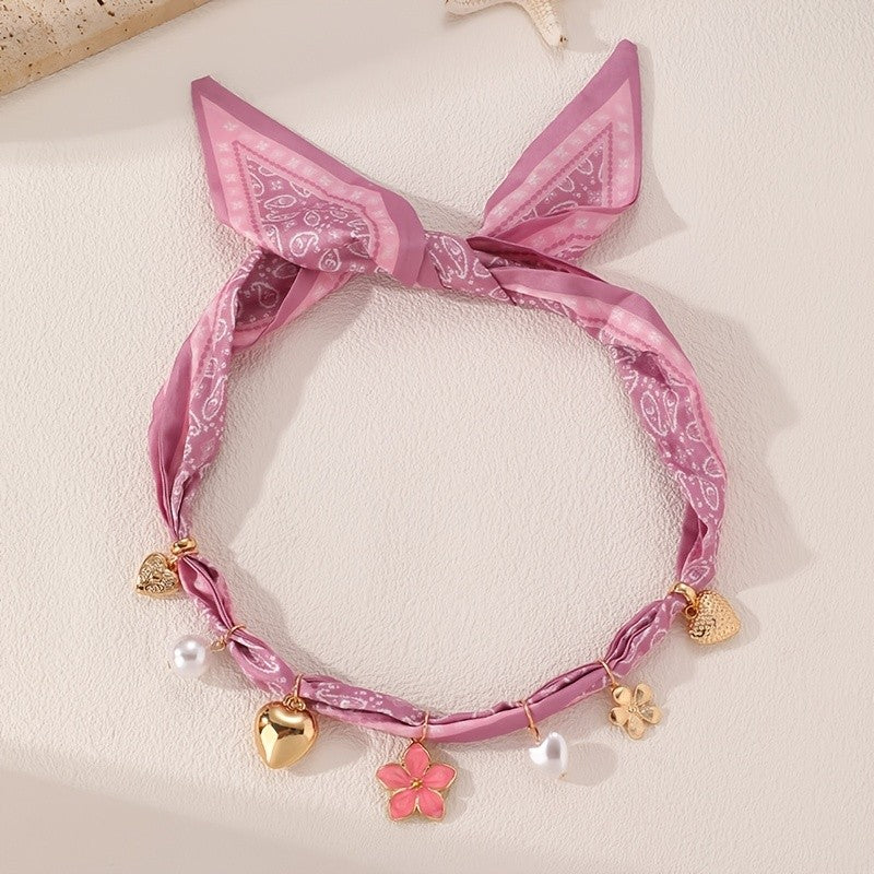 Boho Pink Floral Scarf Charm Necklace