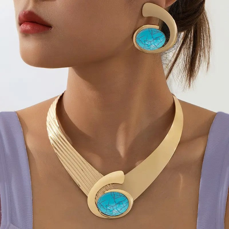 24k Elegant Turquoise Collar Necklace & Earring Set
