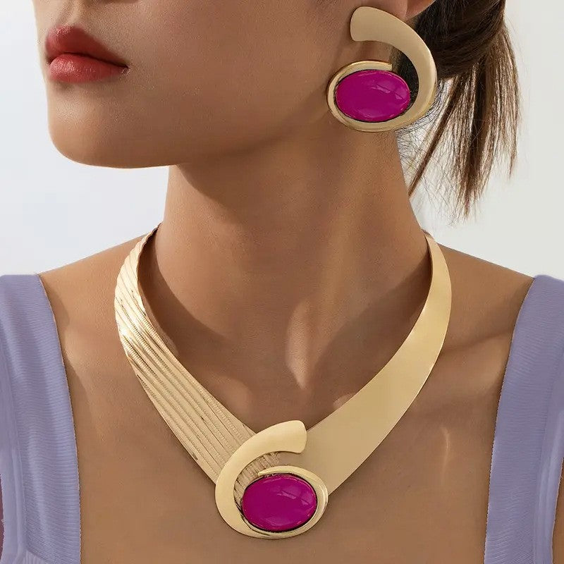 24k Elegant Turquoise Collar Necklace & Earring Set