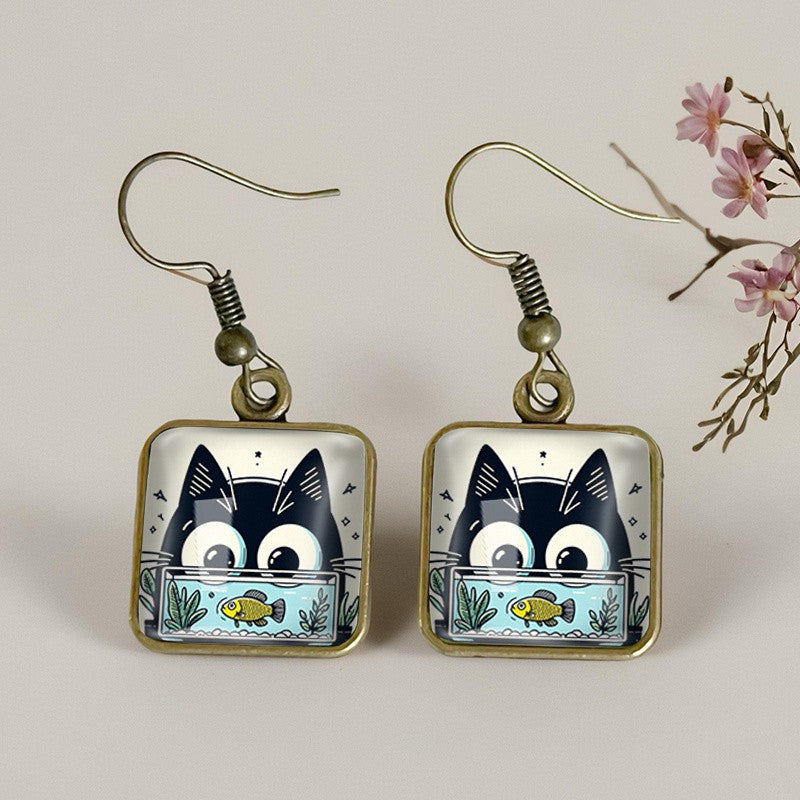Whimsical Cat And Fish Square Earrings