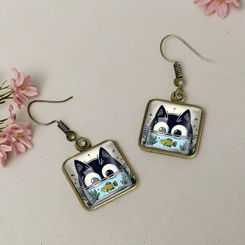 Whimsical Cat And Fish Square Earrings
