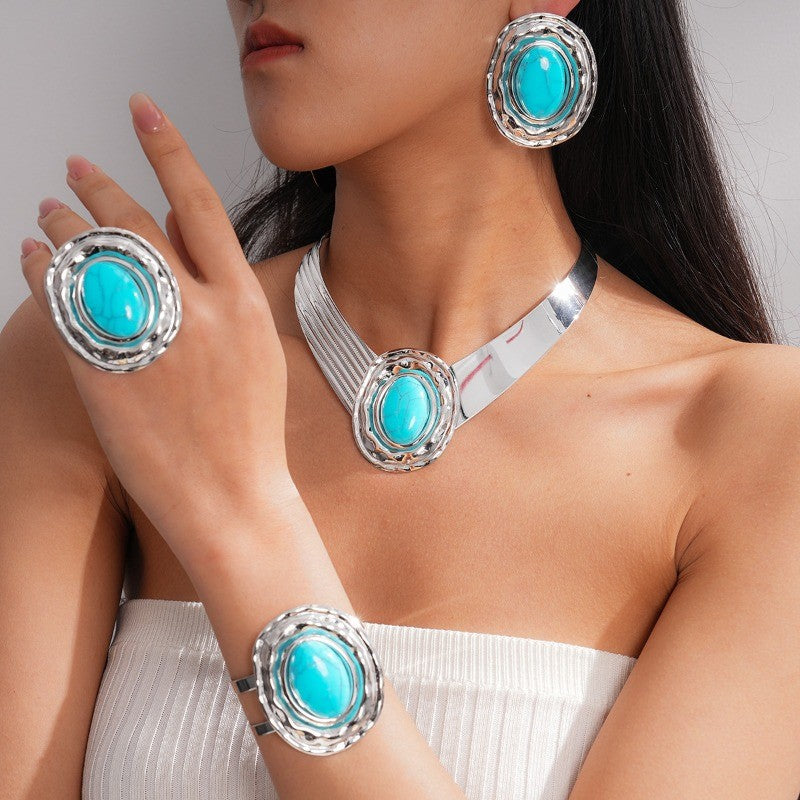 Boho Turquoise Collar Necklace, Ring, Bracelet & Earring Set