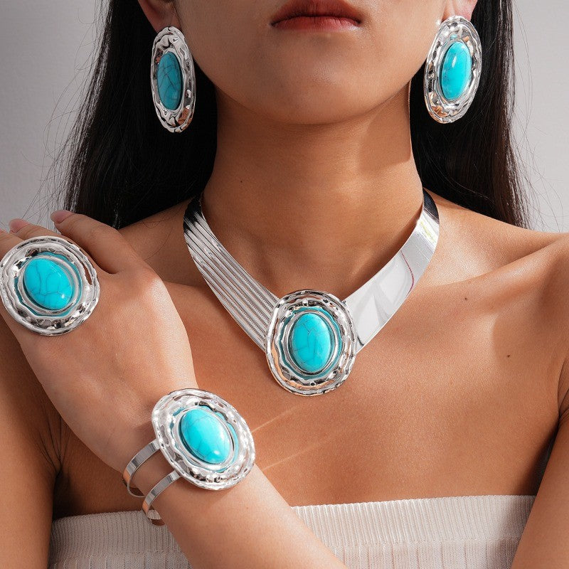 Boho Turquoise Collar Necklace, Ring, Bracelet & Earring Set
