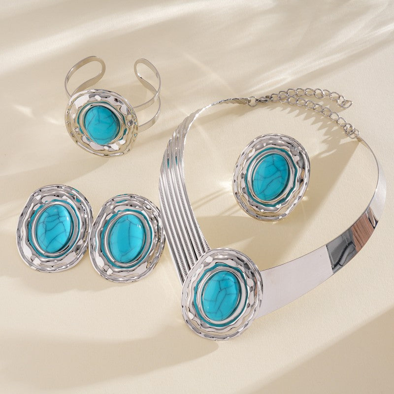 Boho Turquoise Collar Necklace, Ring, Bracelet & Earring Set