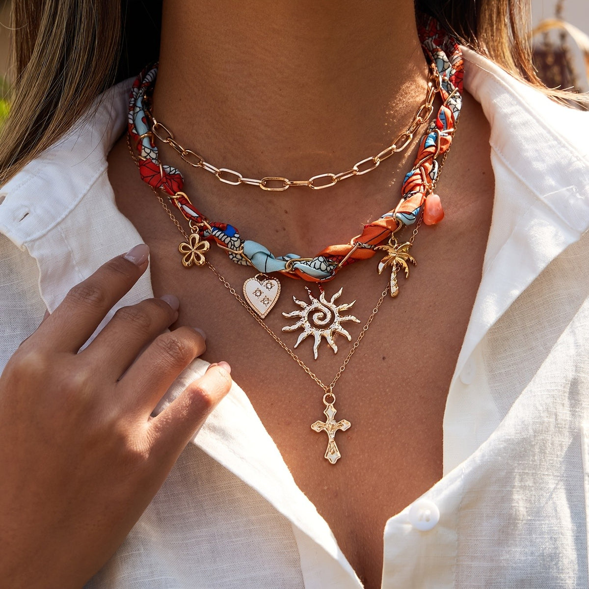 3pc Boho Woven Scarf Layered Necklace Set
