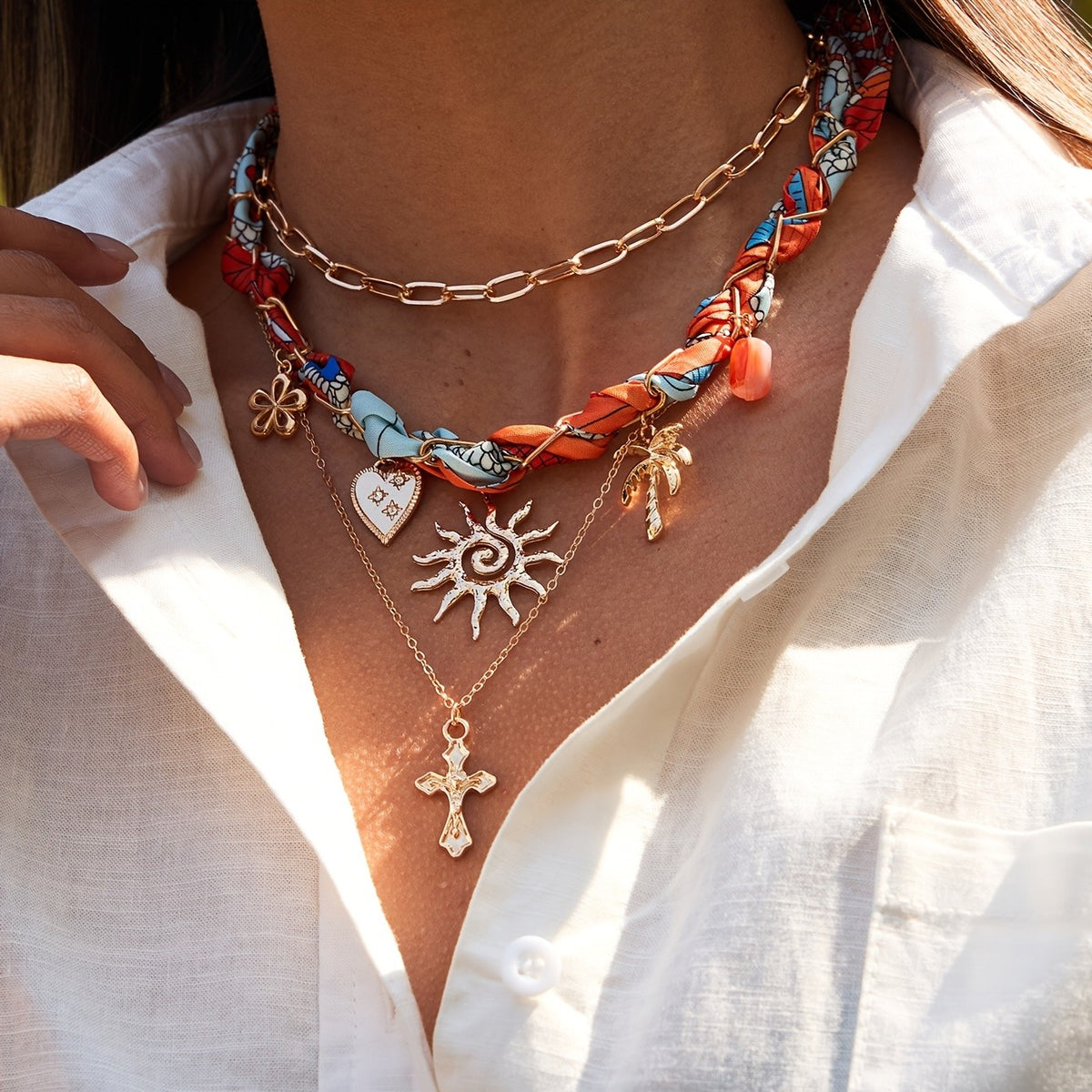 3pc Boho Woven Scarf Layered Necklace Set