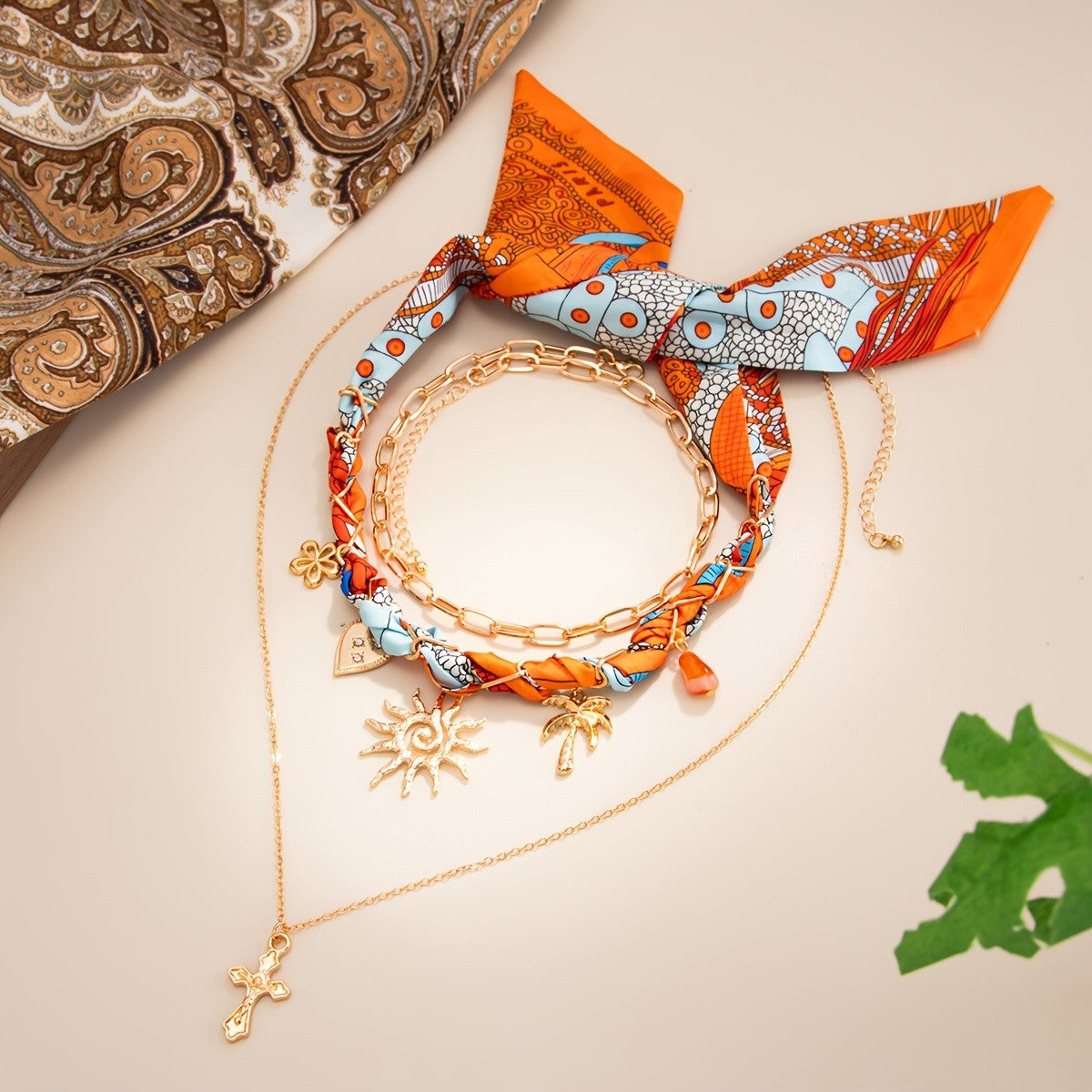 3pc Boho Woven Scarf Layered Necklace Set