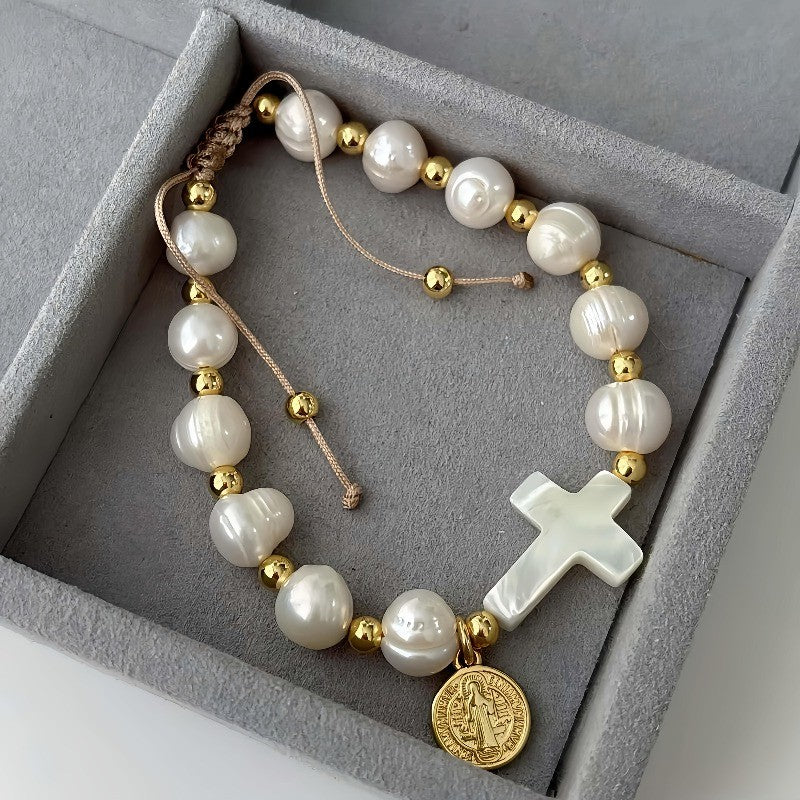 Boho Pearl Cross Bracelet