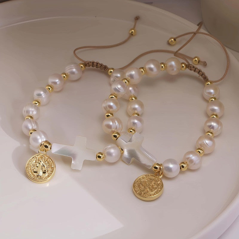 Boho Pearl Cross Bracelet