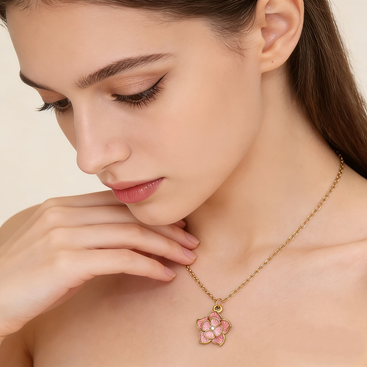 18k Romantic Pink Enamel Flower Necklace